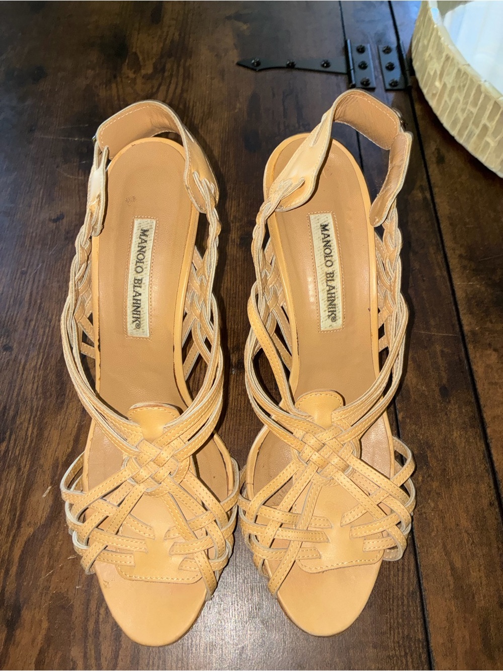 Manolo Blahnik Beige Tan Leather Woven Strappy Heels